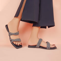 Regina Embellished Double Strap Black Sliders
