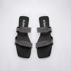 Regina Embellished Double Strap Black Sliders