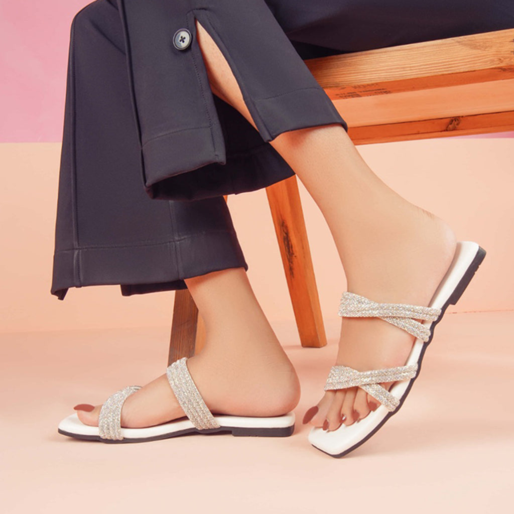 Regina Embellished Double Strap White Sliders