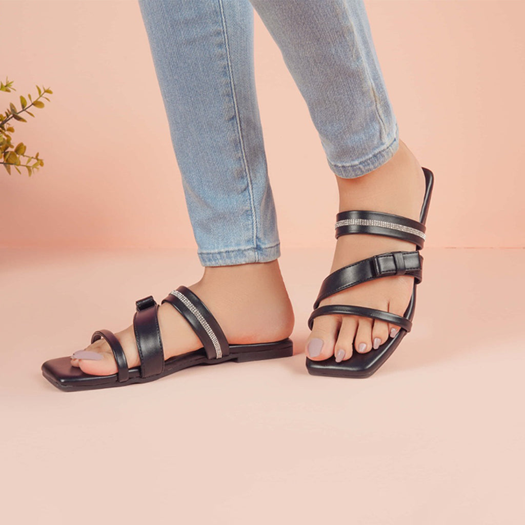 Regina Triple-Strap Black Sliders