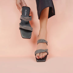 Regina Embellished Double Strap Black Sliders